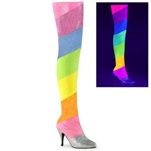 Drag Queen Rainbow Glow Glitter Heel Thigh High Boots.